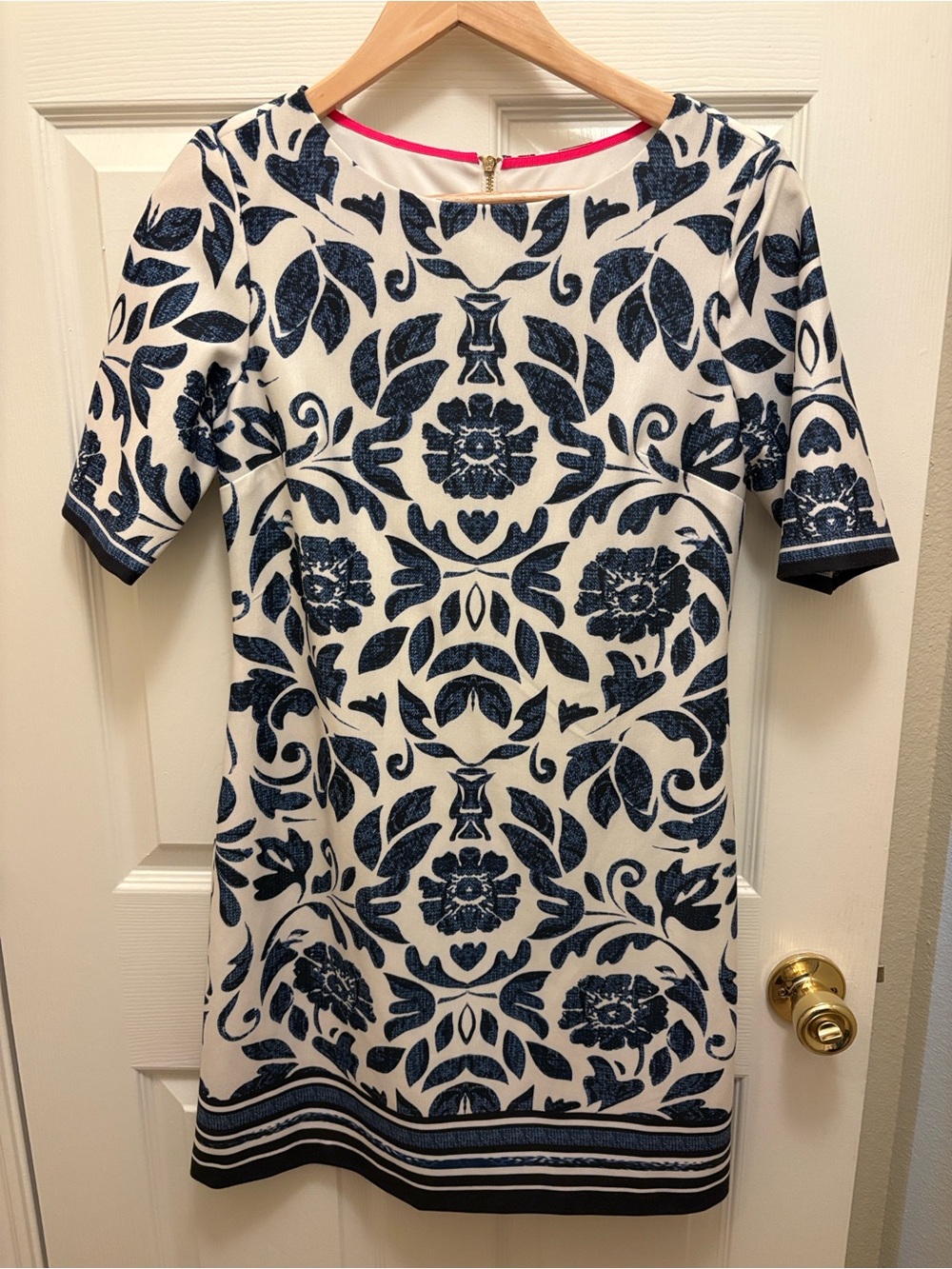 Eliza J White Midi Dress with Navy Floral Medallion Print A138